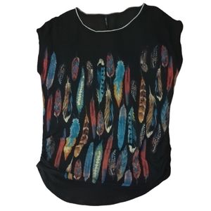 Skinny Minnie T Shirt Small Black Feathers Mesh Inset Tee